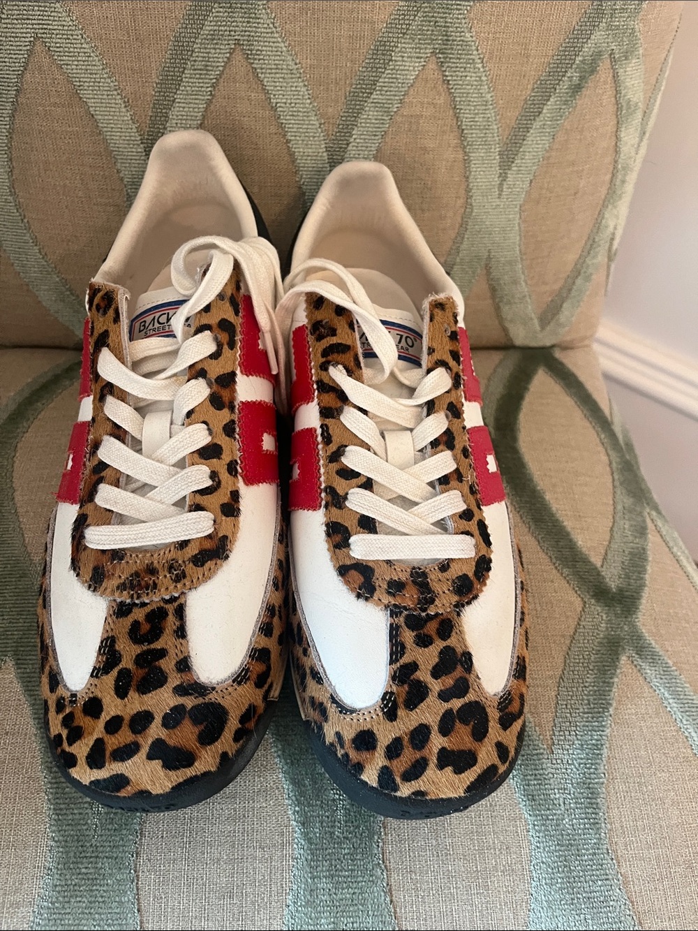 Back 70 Classic white sneakers with leopard print Size 39 Euro. Size 9.